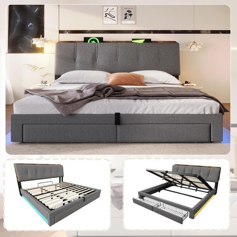 Lit rembourré, 180x200cm, suspension hydraulique, avec port de chargement USB Type-C, sans matelas, rangement multifonctionnel, éclairage LED, commande par bouton-poussoir/application, lin, gris, g... (1/5)