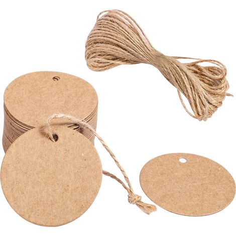 Pack of 100 Round Kraft Paper Labels, Diameter 5 cm, with 20 m Jute Twine for DIY, Gift Wrapping, Christmas, Wedding, Party, Crafts (1/5)