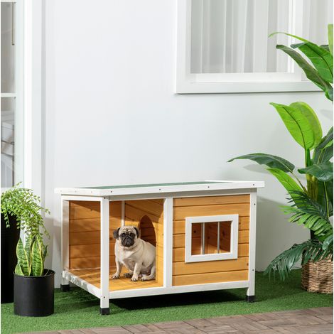 Caseta para perros con veranda cubierta, tejado abatible, ventana, patas ajustables, madera, naranja (85.5x62x60 cm) (1/5)