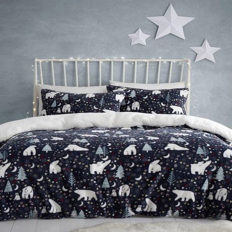 Housse de Couette Nuit étoilée et Ours Polaire 140 x 200 cm Design réversible 1x taie d'oreiller Parure de lit Bleu Marine avec Ours et Arbres arctiques Parure de lit de Noël (1/3)