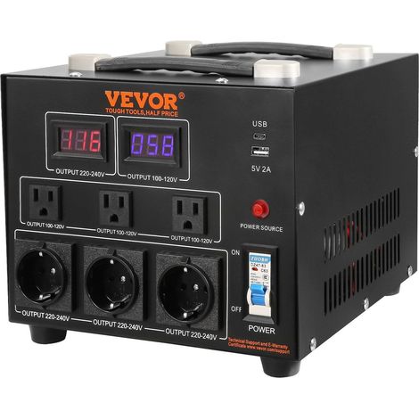 Transformateur 3000VA pour conversion de tension 110V à 220V avec prises US et EU, port USB 5V, certifié CE, usage intensif (1/5)