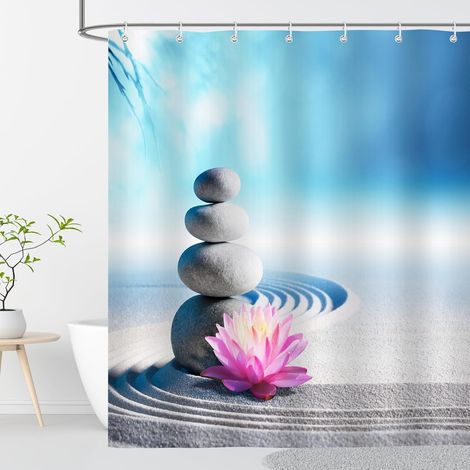 Zen Rideau Douche Anti Moisissure 180x200 Galet Lotus Imprimé Gris Bleu Rideau de Douche Baignoire Tissu Imperméable Polyester Rideaux Salle de Bain Lavable Machine avec Anneaux (1/5)
