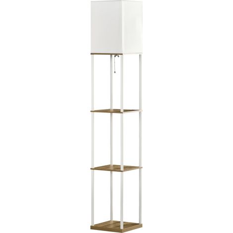 Lampadaire colonne avec étagères, structure métal, abat-jour tissu, 26x26x159 cm, blanc et marron (1/5)