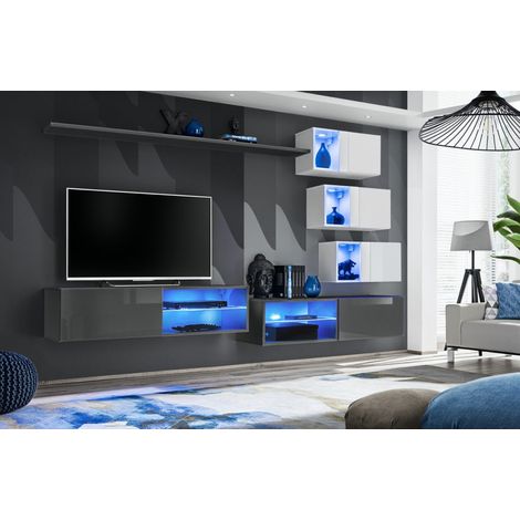 Ensemble meuble TV mural Switch XXIV - L 260 x P 40 x H 170 cm - Gris et blanc - Livraison gratuite