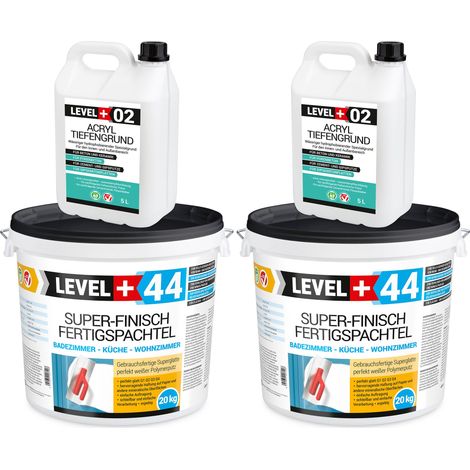 LEVEL+ Fertigspachtel 40kg Spachtelmasse und Acryl Tiefengrund 10L SET604 (1/3)