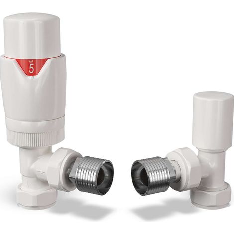 Stirling Bold - White Thermostatic Radiator Valve & Lockshield Angled 10mm