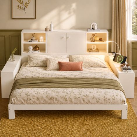 Lit coffre 90x200 cm Blanc – Lit de jour avec lit gigogne, lit en bois avec double porte et ports USB/USB-C – lit double gain de place et lit enfant (sans matelas) (1/5)