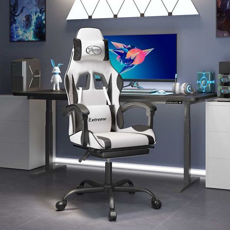 vidaXL Silla gaming con reposapiés cuero sintético blanco negro (1/5)