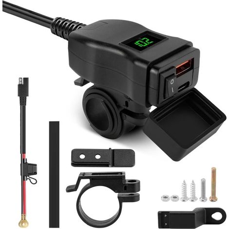 Adaptateur de Charge Moto, voltmètre, Interface USB-A et Type-C, 12 V-24 V, Universel, étanche, Protection IP65, Moniteur de Tension, Sortie 5 V/3,4 A (Vert, USB+Type-C) (1/4)