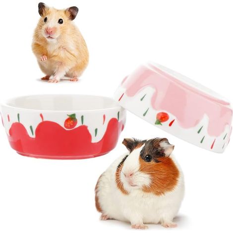 2 Pcs Hamster Ceramic Bowl, Small Animals Anti-Turning Food Water Bowl for Rabbit Hamster Guinea Pig Hedgehog Squirrel (Pink and Red) (1/5)
