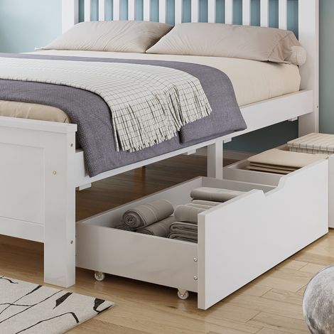 Lit double bois massif pin blanc coffre tiroirs 140x200 (1/4)