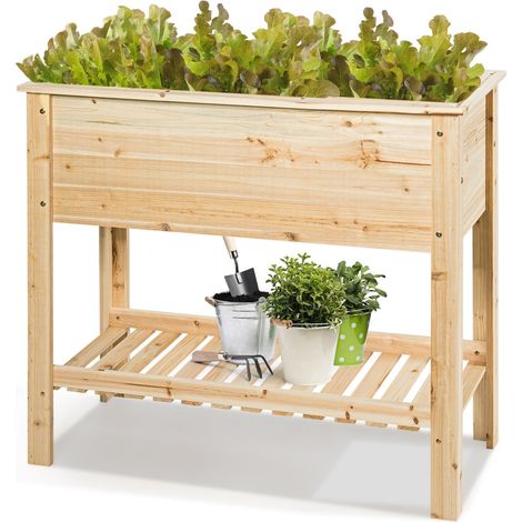 Jardinière surélevée pour plantes 92 x 41 x 81 cm hauteur de travail ergonomique ambiance naturelle en bois naturel