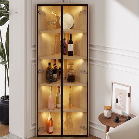 Vitrina esquinera LED de vidrio 62 x 35 x 160 cm, efecto roble, MDF y vidrio templado HAVRYA (1/5)