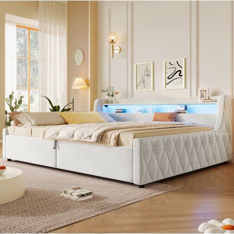 Letto piattaforma 140x200 cm con contenitore idraulico, testiera LED multicolore, flanella, bianco avorio (1/5)