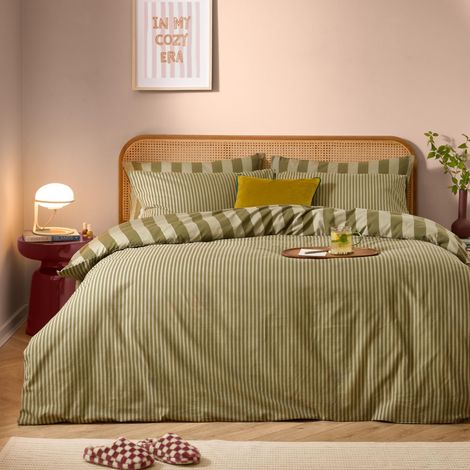 Parure De Couette Literie en Polycoton Réversible À Rayures Étroites Audacieuses Thé Vert King 230x220cm (1/5)