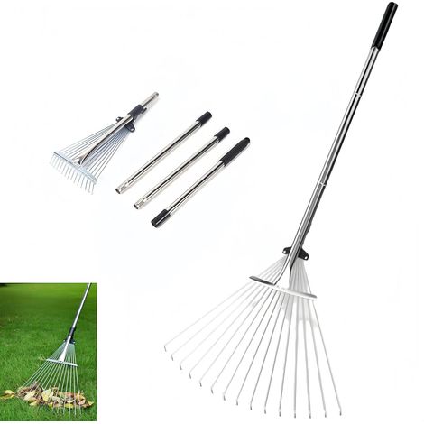 Garden Rake for Leaves, Adjustable Leaf Rake Heavy Duty Metal Leaf Rake for Lawn, Long Handle 85-175cm with Extendable Head 6.7-14.5 Inch, Garden Tools for Yard Lawn Shrubs (1/5)