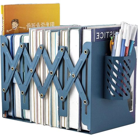 Serre-livres réglables en métal, adaptés aux étagères lourdes, support de livre antidérapant pour bibliothèque de bureau (bleu) (1/5)