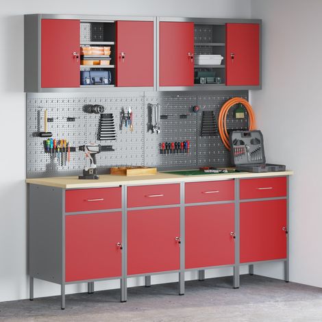 Werkbank mit Schubladen 10 pcs Rot Ingenieure Holz und Stahl (1/5)