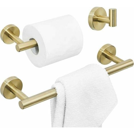 Porte Serviette Salle De Bains/Porte Papier Toilette/Patère à Crochet, Or Brossé, 3 Pièces Accessoires de Salle de Bain en Acier Inoxydable - Or