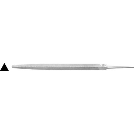 Lime triangulaire mécanique, acier trempé, pointe et côtés tranchants, idéale pour lisser et façonner des pièces métalliques.