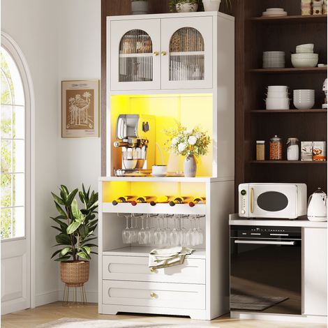Hochschrank 70x40x180 cm, con ante in vetro curve, ripiani regolabili, luce LED, MDF e metallo bianco (1/5)