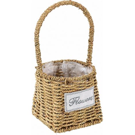 Panier à fleurs en rotin tressé, carré de 43 x 36 cm, fil métallique, cache-pot décoratif pour plantes (1/5)