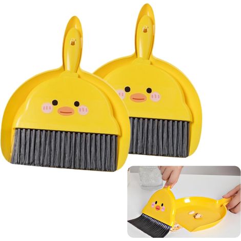 Ensemble de 2 mini-brosse et pelle – Plastique avec motif de petits poulets jaunes, petit balai pour bureau, maison, cuisine, nettoyeur de cage (1/5)