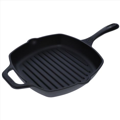 Victoria 39561 Poêle à Griller en Fonte Émaillée Induction 25x25cm, pour le Feu, Barbecue, Four Noir (1/5)
