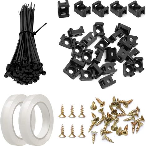 Lot de 100 bases noires pour serre-câbles et mini attaches de câble en nylon de 10 cm avec 2 rubans adhésifs double face et 100 vis, kit de rangement de câbles pour la gestion des câbles à domicile (1/5)