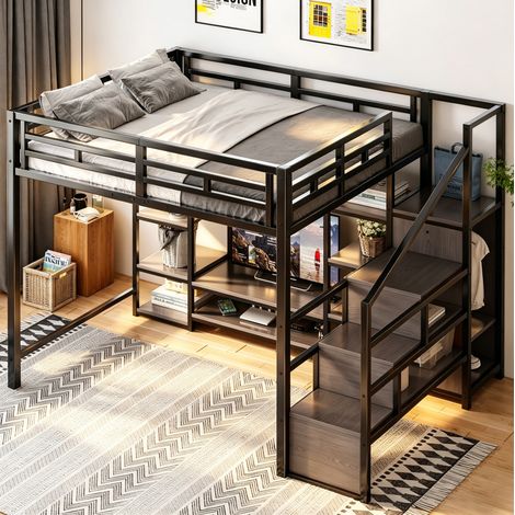 Cama alta moderna 140x200 cm de metal negro con soporte para TV, enchufe integrado y escalera de almacenaje (1/5)
