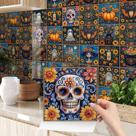 Lot de 24 autocollants muraux tournesol, autocollants rétro pour carrelage d'Halloween, autocollants autocollants, adaptés aux cheminées, 1515CM (1/5)
