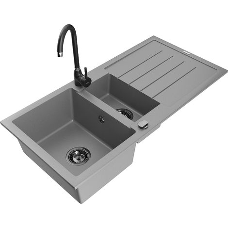 Mexen Andres lavello in granito a 1,5 vasche con scolapiatti e rubinetto da cucina Telma, grigio - 6515-71-670200-70-B (1/5)