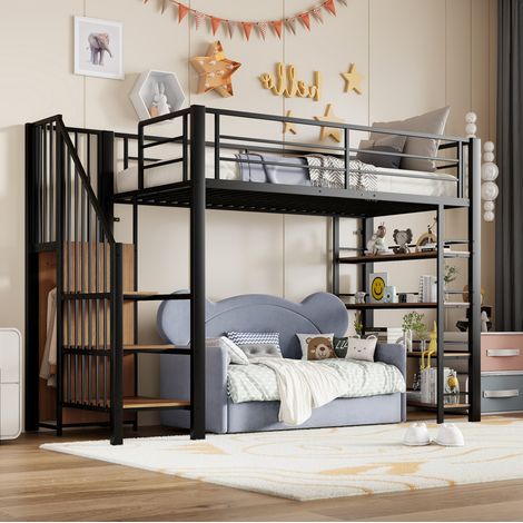 Cama alta 90x200 cm negra, metal y MDF - con escalera de almacenaje y armario (1/5)