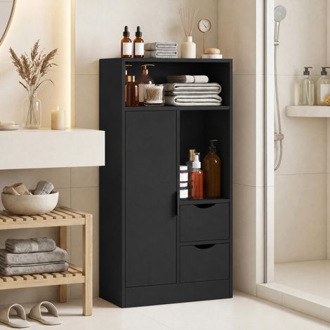 Meuble Salle de Bain Étroit avec Tiroirs, Étagères Ouvertes et Placard, 50x25x100 cm, Noir (1/5)