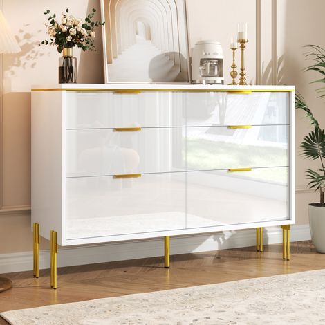Sideboard aus Spanplatte in Weiß mit 6 Hochglanz-Schubladen und goldfarbenen Details, 120 x 40 x 85,5 cm (1/5)