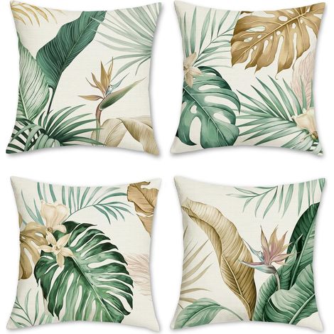 4 Pièces Housse de Coussin Feuilles Tropicales 45 x 45 cm Feuille Brun Vert Décoratif Taie d'oreiller pour Canapé Maison Jardin Extérieur Été Décoration (1/5)