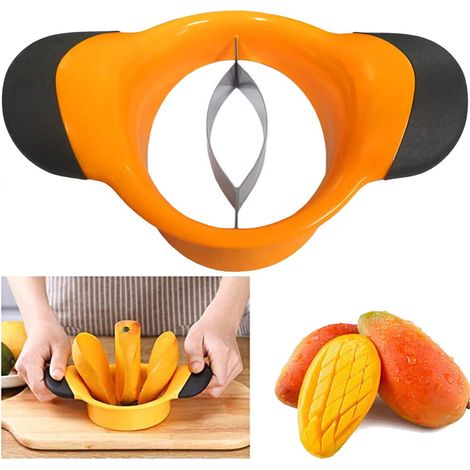 3-in-1 Mangoschneider: Schäler, Zerkleinerer, Hobel und Kernentferner, Klingen aus Edelstahl, Kernentferner, rutschfester Griff, extra großer Mangotrenner (orange).