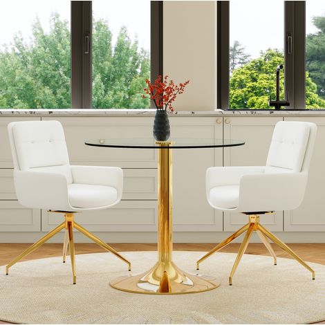 Set tavolo rotondo 85 cm in vetro temperato e 2 sedie girevoli 360°, bianco e oro DESVIAE (1/5)