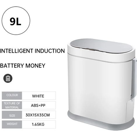 Poubelle de salle de bain automatique avec couvercle et brosse WC intégrée (batterie blanche 9 L), équipée d'un capteur intelligent. (1/5)