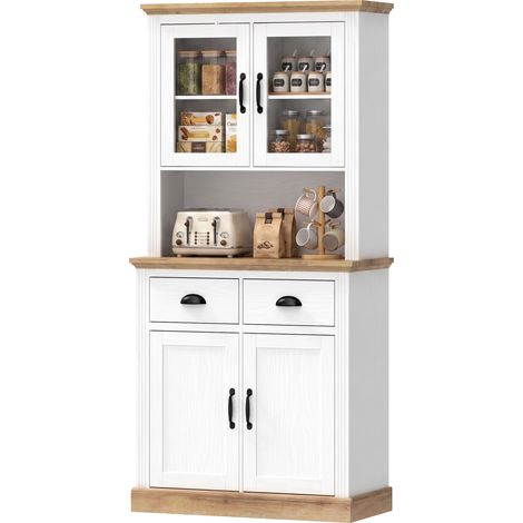 Buffet de Cuisine 4 Portes dont 2 en Verre, 2 Tiroirs, Plan de Travail, Étagères Réglables, Blanc (1/5)