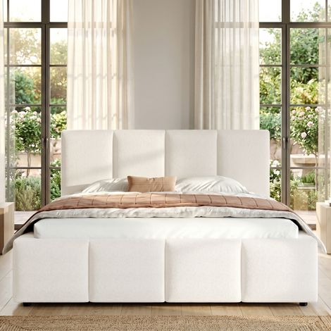 Lit double capitonné beige bouclé 180x200 cm avec sommier intégré et tête de lit rembourrée