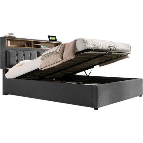 Polsterbett Doppelbett mit USB, Typ-C, 2 Steckdosen und Verstellbarem Kopfteil 140×200 cm, ohne Matratze, Grau (1/4)