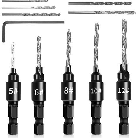 5-teiliges Senkbohrer-Set für Holzbearbeitung mit 6,35 mm (1/4") Sechskantschaft, ideal für Heimwerker- und Holzprojekte. Inklusive L-förmigem Schraubenschlüssel. Bohrergrößen: 5, 6, 8, 10 und 12.