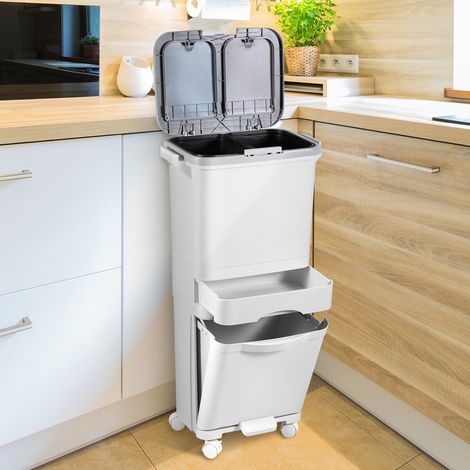 Jiubiaz 42 L Küchen-Mülltrennsystem, 3-stufig, Weiß, mit 3 Abfallfächern, 2 herausnehmbaren Inneneimern, Fußpedal, Druckdeckeln, Schublade und feststellbaren Rollen (1/5)