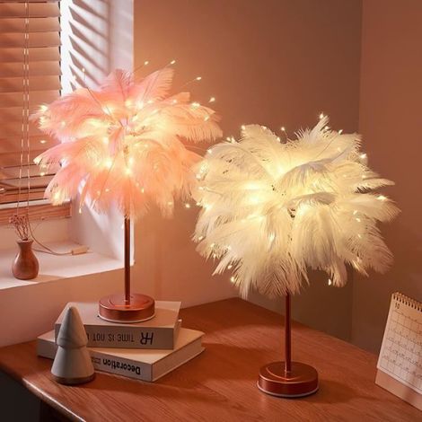 Mini lampe de table LED plume blanche, lampe de chevet, lampe de table décorative chambre. (1/4)