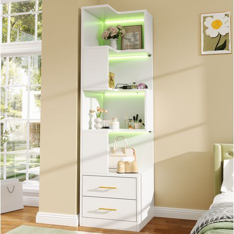 Libreria angolare 165x45x45 cm, struttura a 4 ripiani, 2 cassetti, luci LED, truciolato bianco (1/5)