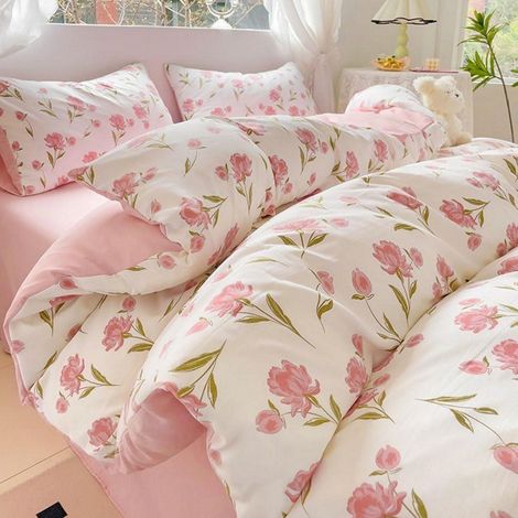 Bettwäsche-Set 135x200 cm mit Blumenmuster, Wendebettwäsche aus Mikrofaser
