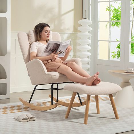 Fauteuil berçant avec reposepied - housse en polaire souple - chaise berçante - dossier haut - coussins - pieds en bois - beige - Robuste (1/4)