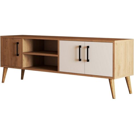 Meuble TV 3 portes 2 niches effet chêne & blanc 150 cm - Porto
