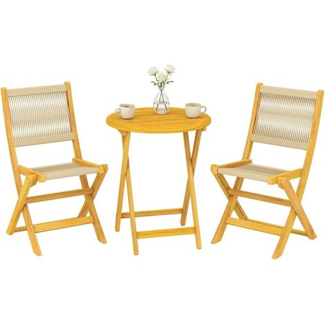 Ensemble balcon trois pièces pliable en rotin synthétique et bois. Composé d'une table et deux chaises aux assises respirantes pour l'extérieur (1/5)